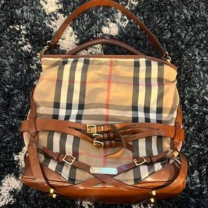 Burberry Black Leather Large Bridle Lynher Tote Bag Purse House Check Canvas